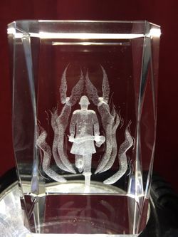 3D Laser Etched Crystal Glass Cube Firefighter Flames Hero Paperweight