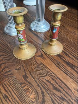Vintage Brass Cloisonné Enamel Candlesticks - Pair