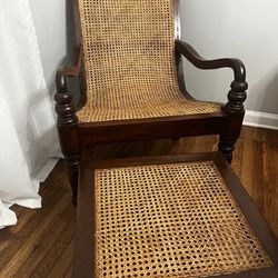 Spanish Wood Wicker Lounge Chair and Stool