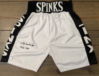 🥊 Michael “Jinx” Spinks Beckett Witnessed Autographed Boxing Trunks – HOF 1994 Inscription