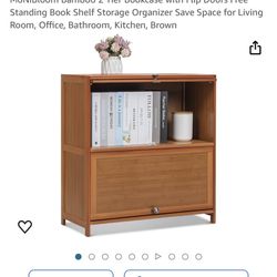  Bamboo 2 Tier Bookcase with Flip Doors Free Standing Book Shelf Storage Organizer Save Space for Living Room, Office, Bathroom, Kitchen, Brown