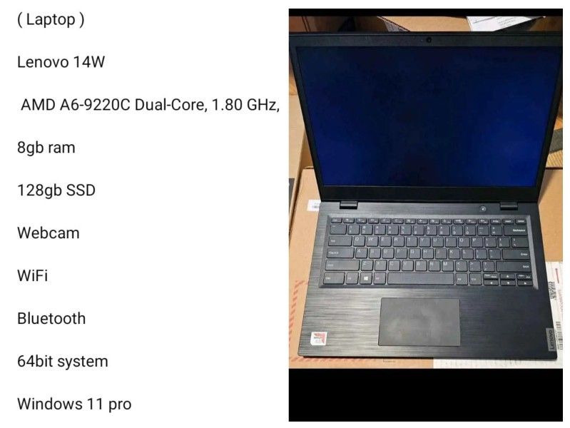 ( Laptop ) Lenovo 14w Amd A6 9220c Dual Core 1.8ghz Series Windows 11 Pro Wifi 8gb Ram
128gb SSD Webcam