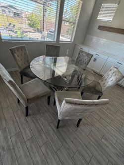 Z Gallerie Glam Round Glass Dining Table Set with 6 Velvet Chairs & Matching Buffet – $700