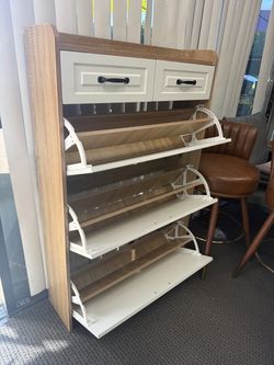 Shoe Cabinet With 3 Flip Drawers, 2 Storage Drawers, PVC Door With Shape, Entryway Shoe Storage Cabinet