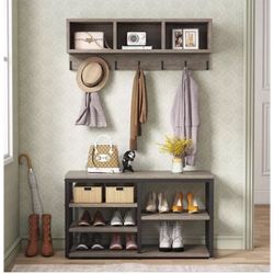 Coat Rack Set and Industrial Shoe Bench, 3 Storage Cubbies, 7 Hooks for Entryway, Hallway, 5-in-1Design