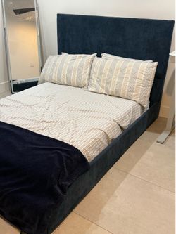 Navy Blue Upholstered Queen Platform Bed Frame