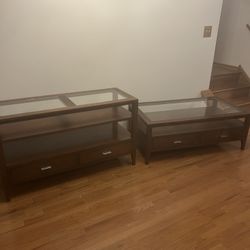 Broyhill Glass Top Wood Coffee Table with Drawers and Glass Top Wood Couch Hallway Table w/ Drawers