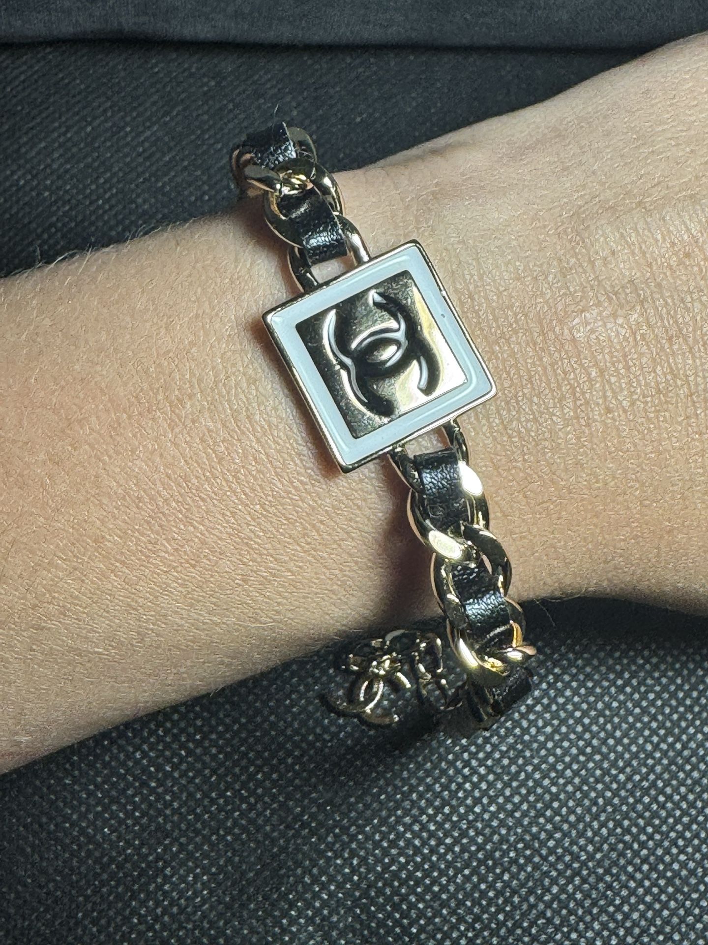 square Black and white sterling silver Bracelet.C charm C