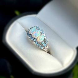 Jewelry 10k solid white gold 1.80CTW aquamarine opal ring sz 7.00
