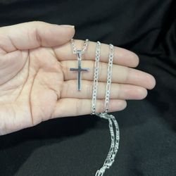 925 Sterling Silver Men's Women's Plain Cross Pendant & Figaro Chain