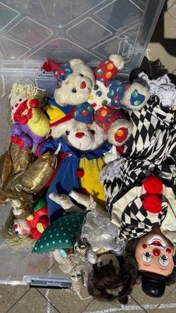 Box of clown dolls, bears, figurines