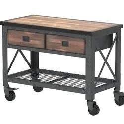 Industrial  Rolling Workbench / Console Table – Solid Wood & SteelWorkbench Cabinet with Wood Top
