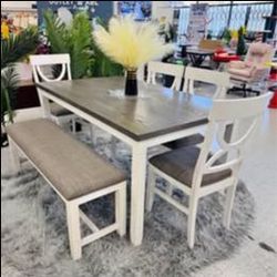 White Color Solid Wood 6 Pc Dining Table Set