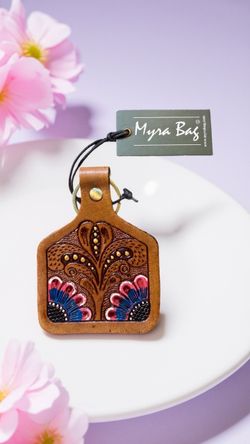 Myra Bag Tooled Leather Paintbrush Wildflowers Key Chain Antique Brass Ring NWT