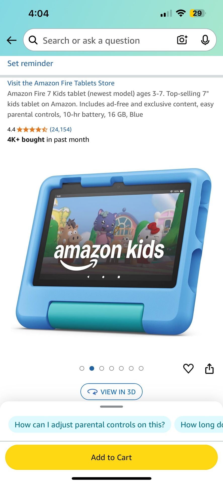 Amazon Fire 7 Kids tablet (newest model) ages 3-7
