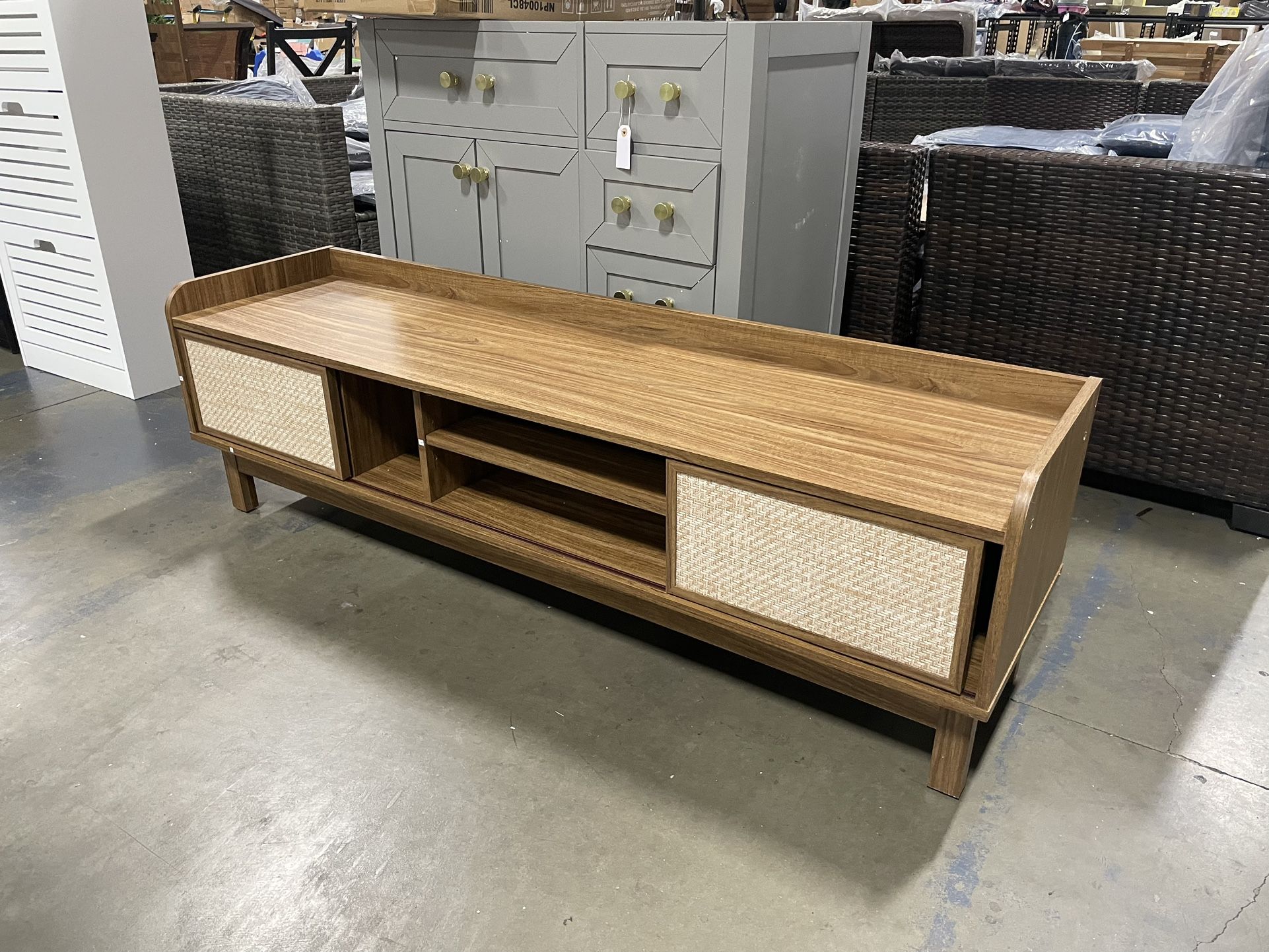 Assembled New TV Stand for 65” TV, Entertainment Center with Woven Doors, Sliding Door, Adjustable Shelf & Compartment, Cable Holes, Mid Century Moder
