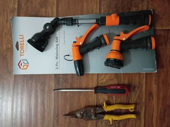 Watering hose kit, Milwaukee slotted screwdriver, tin snips