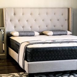 Brand New Queen Size Beige Tuffed Bed Frame With New Mattress/Fast Delivery