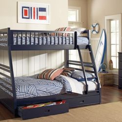 New Twin Full Bunk Bed W/ 2-Drawers In Navy Blue (We Deliver)