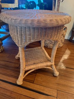 Round Wicker Side Table with Lower Shelf