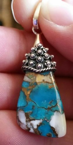 GENUINE SPINY OYSTER & ARIZONA TURQUOISE STERLING SILVER PENDANT JEWELRY