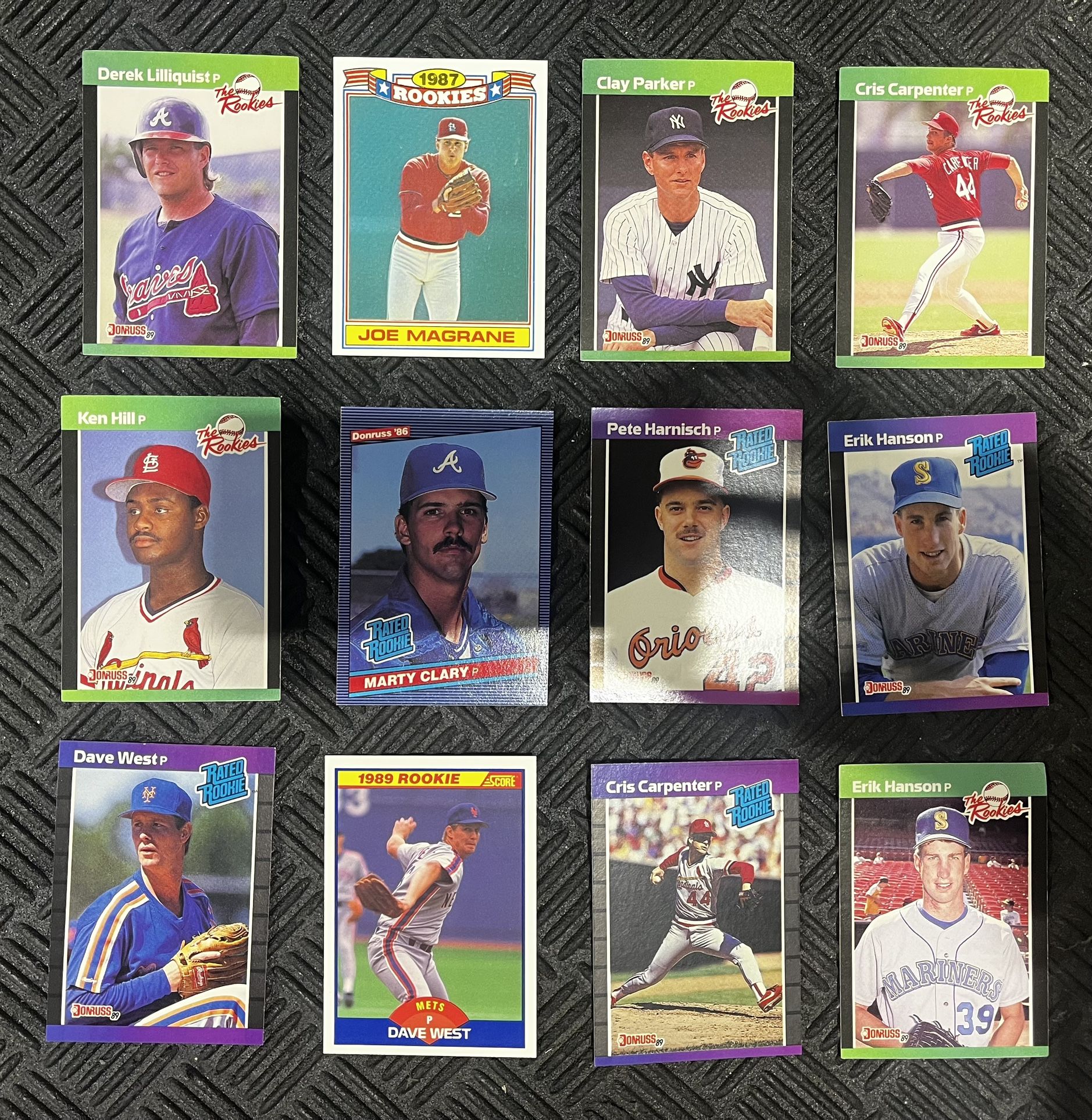 1989 Donruss Pitcher Lot - Hanson, Carpenter, Hill, Parker - 12 Cards