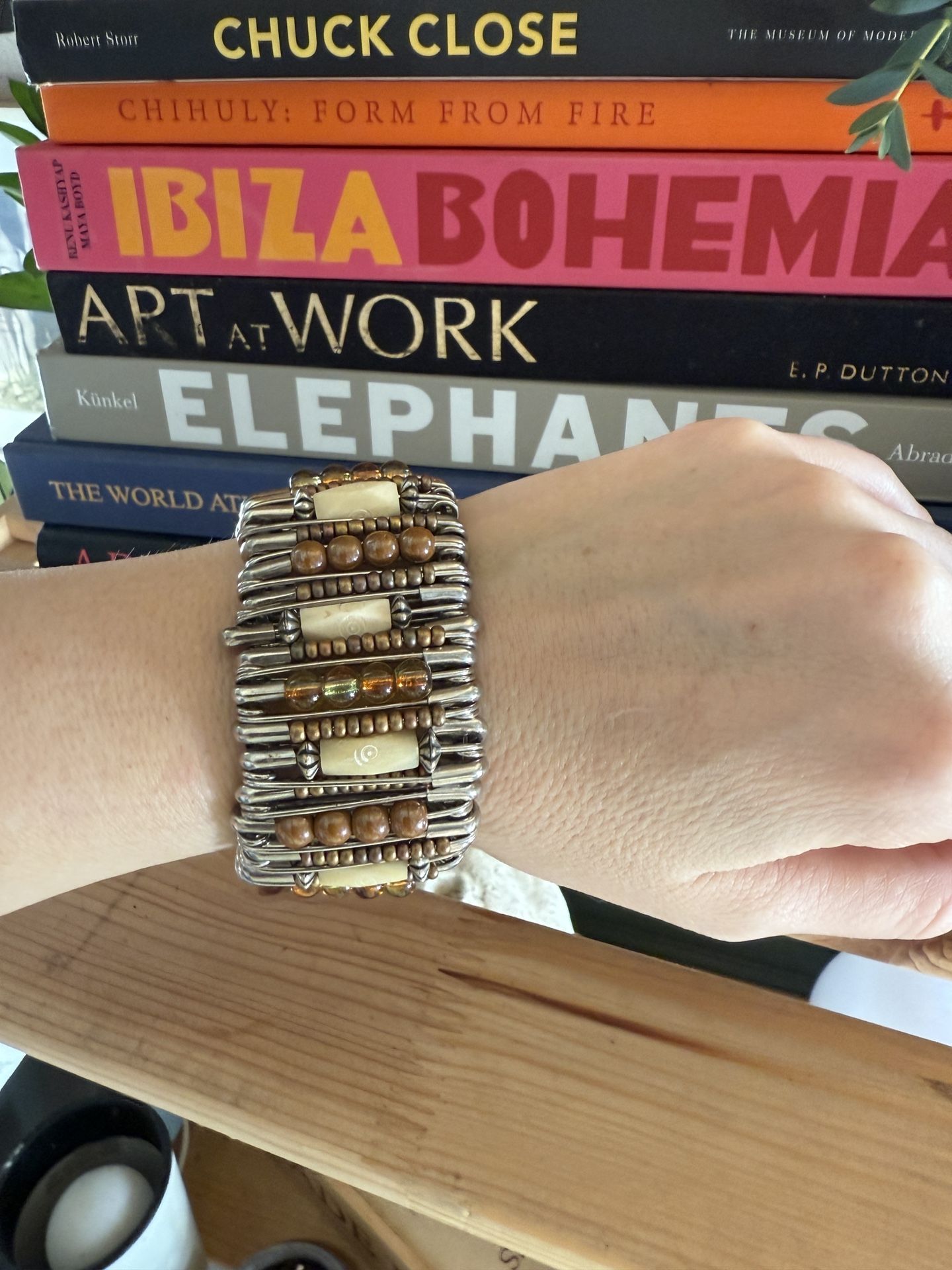 South African Handmade Bangle Bracelet Safety Pin Bone And Beads