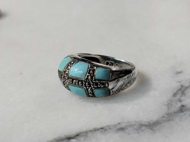 Sterling Silver 925 Turquoise And Marquise Ring Size 7 Weighs