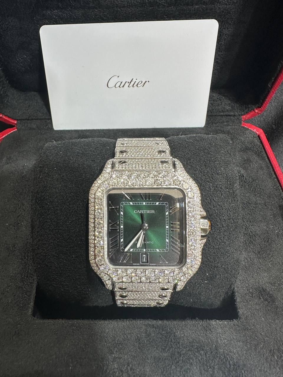 Cartier Santos Large Green dial diamond set watch Bussdown iced out ...
