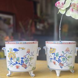 Pair of Vintage Floral Japanese Porcelain Mini Jardiniere Planters