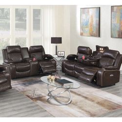 2pc Power motion brown leatherette sofa and love seat set power headrests  