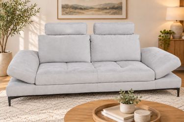 Living Spaces Modern Light Gray Sofa - Adjustable Seating, Arms, and Headrests - Excellent Condition
