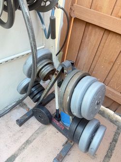 Weider Weight Plate Rack with Plates and Bar