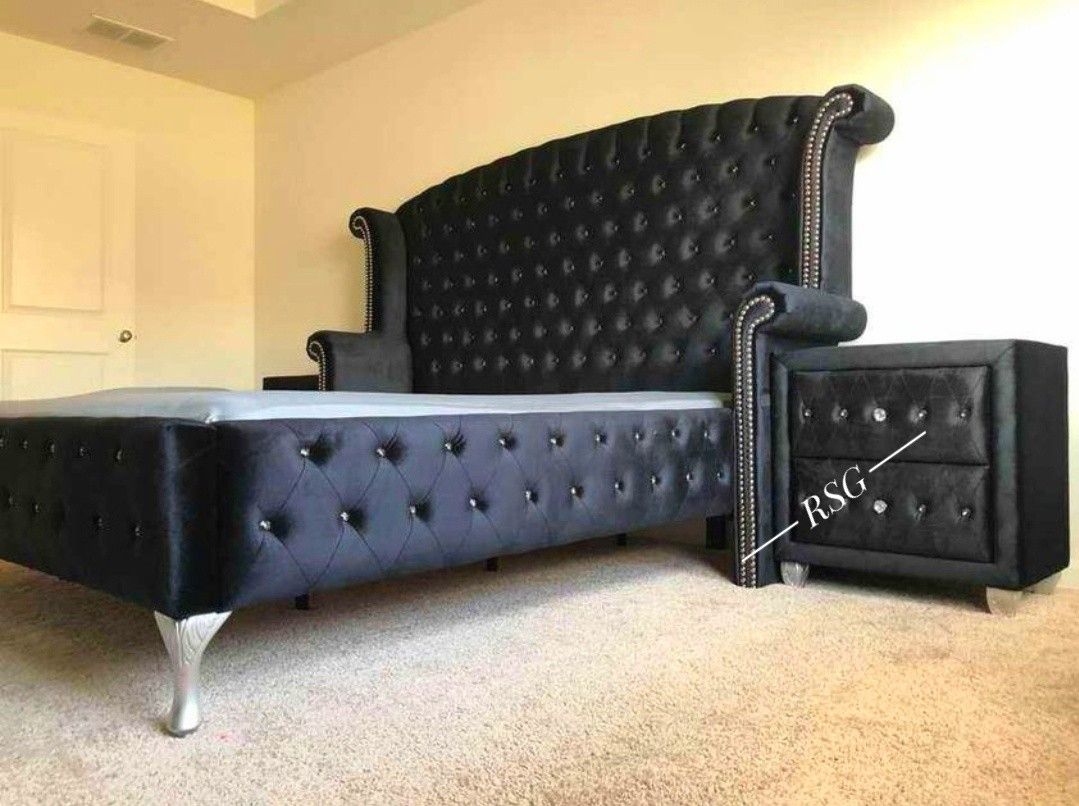 Master Bedroom Furniture Set Black Velvet Upholstered Bed Frame, Dresser, Mirror, Nightstand, Chest, Mattress ⭐$39 Down Payment with Financing ⭐ 90 Da