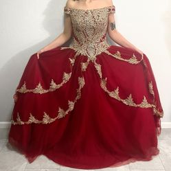 Long Red and Gold Beaded Lace Dress