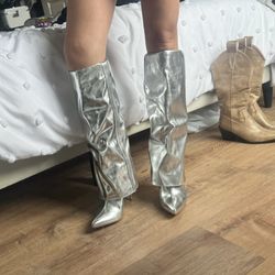 Silver Knee High Boots