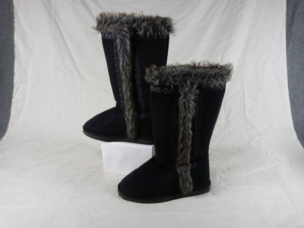 Women 7 JustFab Knee High Black/ Dark Grey Fur Winter Boots