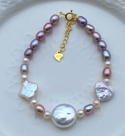 B52-Handmade Metallic Purple Pearl, Coin, Heart And Clover Pearl S925 Bracelet