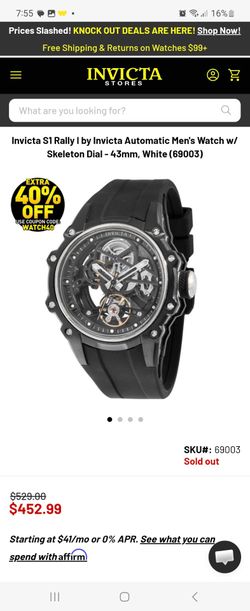 Invicta S1 Rally I by Invicta Automatic Men's Watch w/ Skeleton Dial - 43mm, Black (69003)