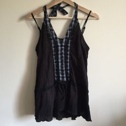 FREE PEOPLE Vintage Black Blue Plaid Flannel Edgy Grunge Halter V Neck Tank Top