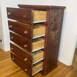 Tall Brown Pine Wood 5-Drawer Dresser Double Knob Chest