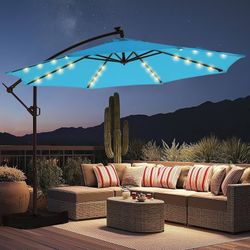 10ft Solar LED Light Outdoor Patio Cantilever Umbrella With Base
