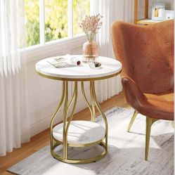 Round side table in white gold, side table with 2 levels, modern bedside table, small side table with storage space for the sofa, side table with meta