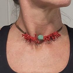 Leather Coral W Turquois Choker Necklace 