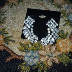 Art Deco Half Moon Clear Rhinestone Clip Ons 