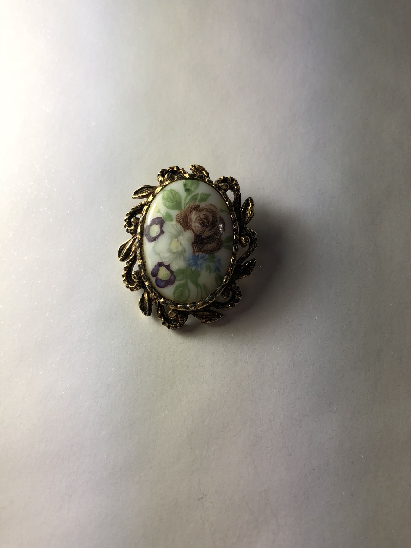 Porcelain Floral Goldtone Brooch Pin Vintage