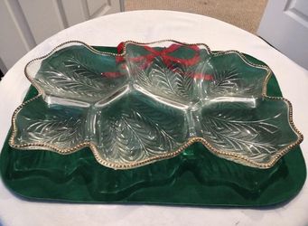 European glass tray for snacks with etching and gold trim