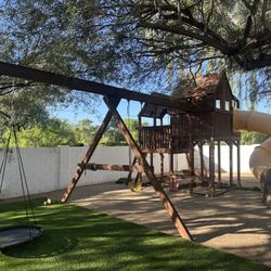 Rainbow Play Systems Wooden Playset – Large Two-Story Set with Spiral Slide & Swings