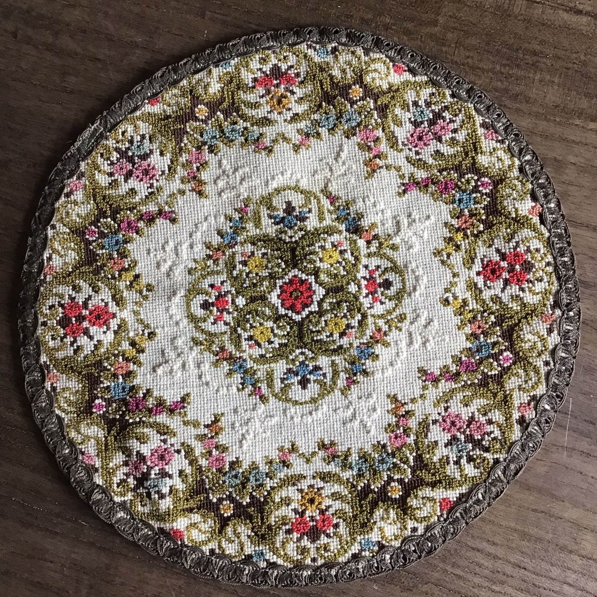 Vintage Round Hand Stitched Table Tapestry Doily (13”)