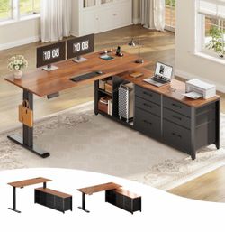 L Shaped Electric Standing Desk, 55" Height Adjustable Corner Office Desk with 6 Fabric Drawers and Storage Shelves, Stand up Home Office Desk with Po